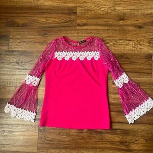Y2K Pink Blouse Sheer Mesh Crochet Floral Sleeves Women Small Coquette Bratz